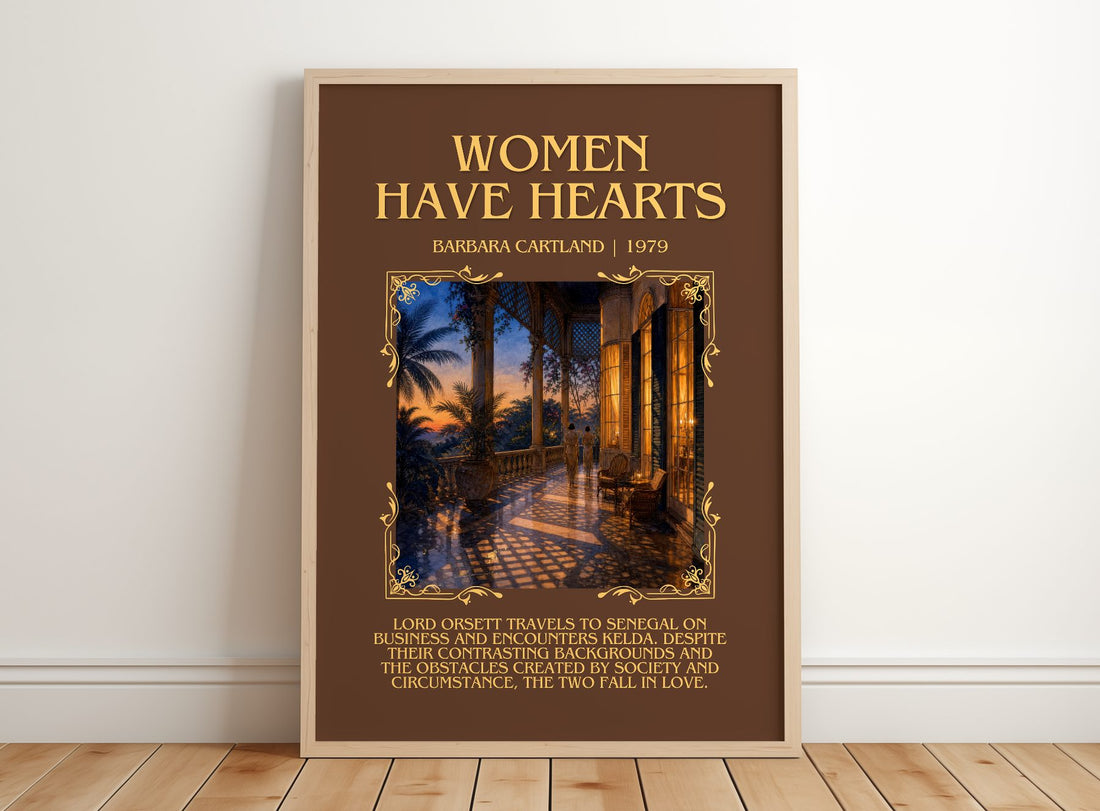 Women Have Hearts Minimalist Book Poster by Barbara Cartland – framed print leaning on a wooden floor