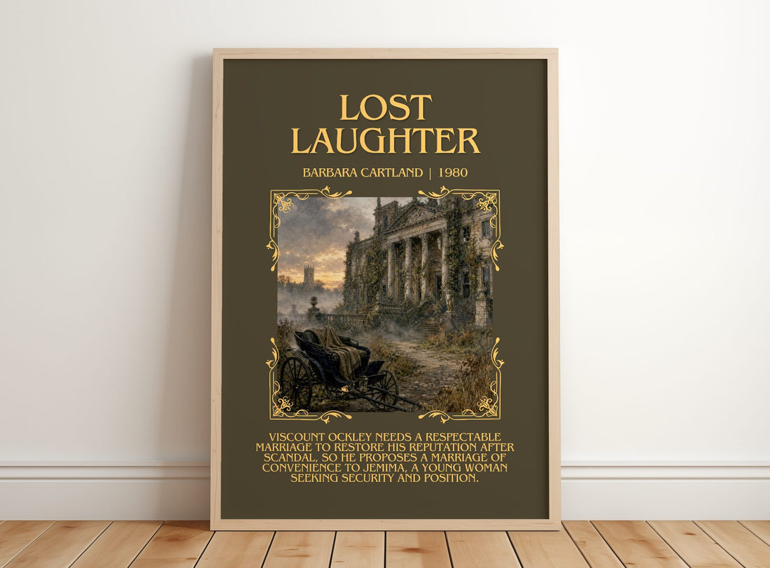 Lost Laughter Minimalist Book Poster by Barbara Cartland – framed print leaning on a wooden floor