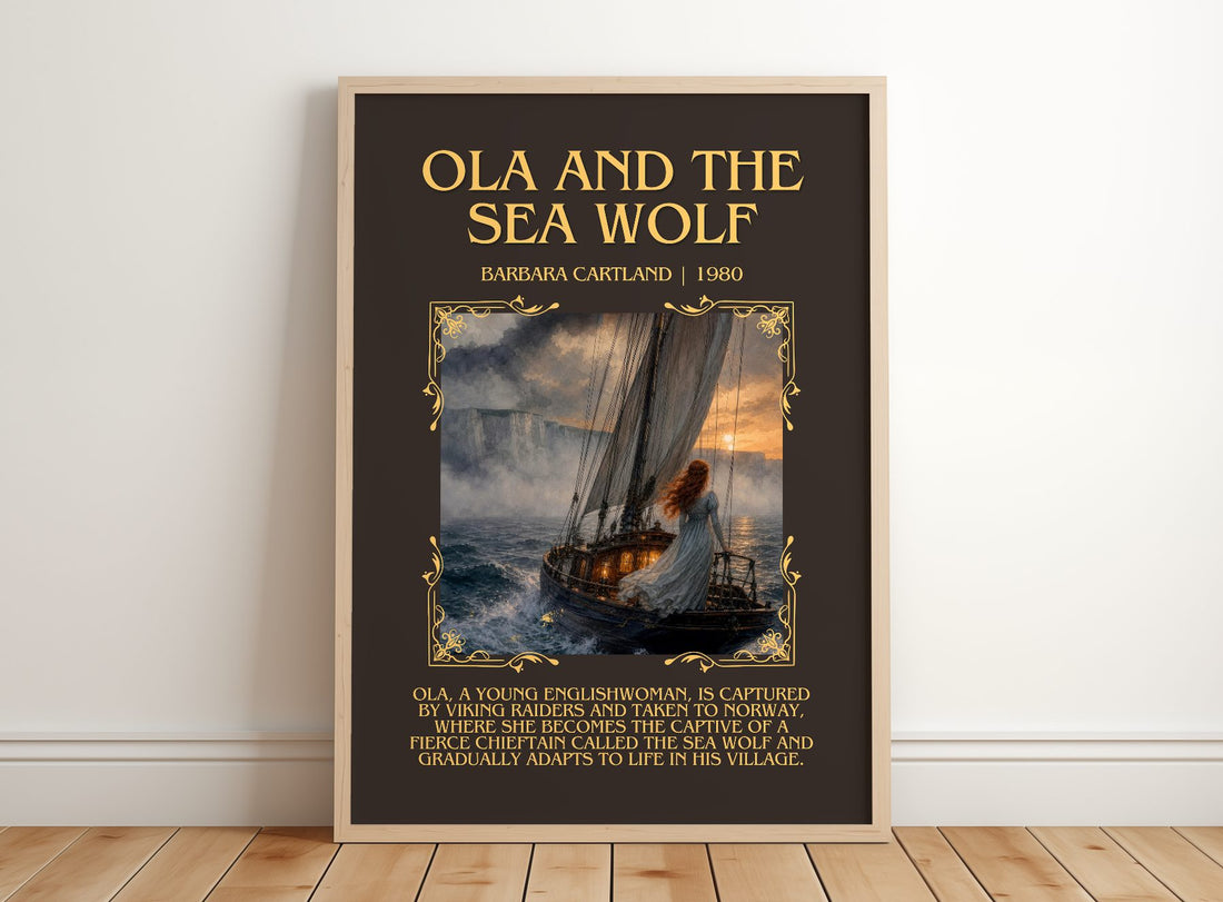 Ola And The Sea Wolf Minimalist Book Poster by Barbara Cartland – framed print leaning on a wooden floor