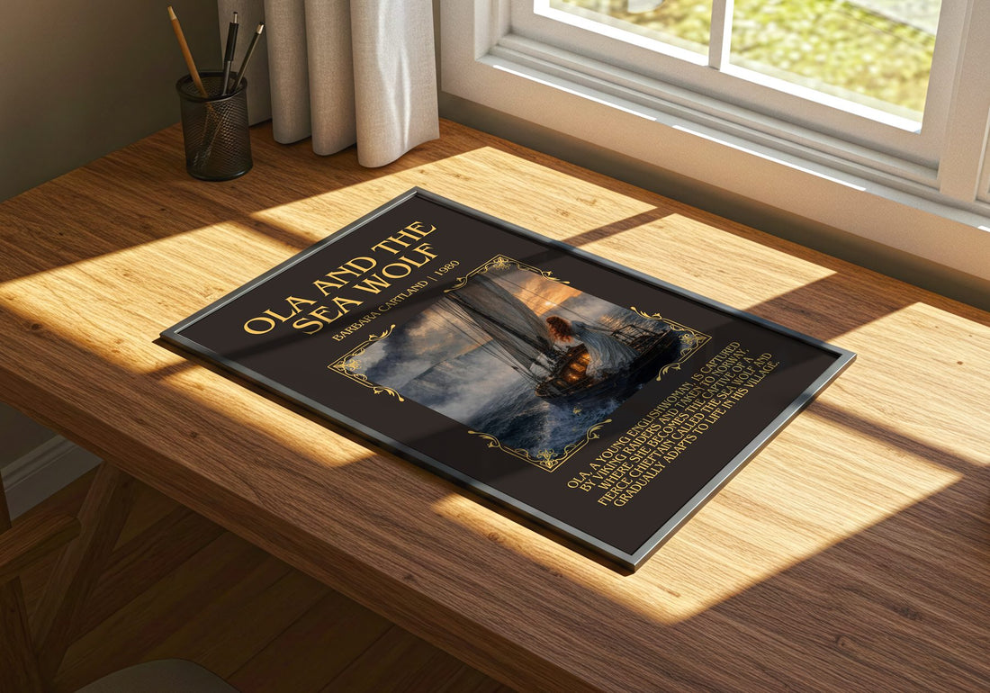 Ola And The Sea Wolf Minimalist Book Poster by Barbara Cartland – print on a sunlit desk