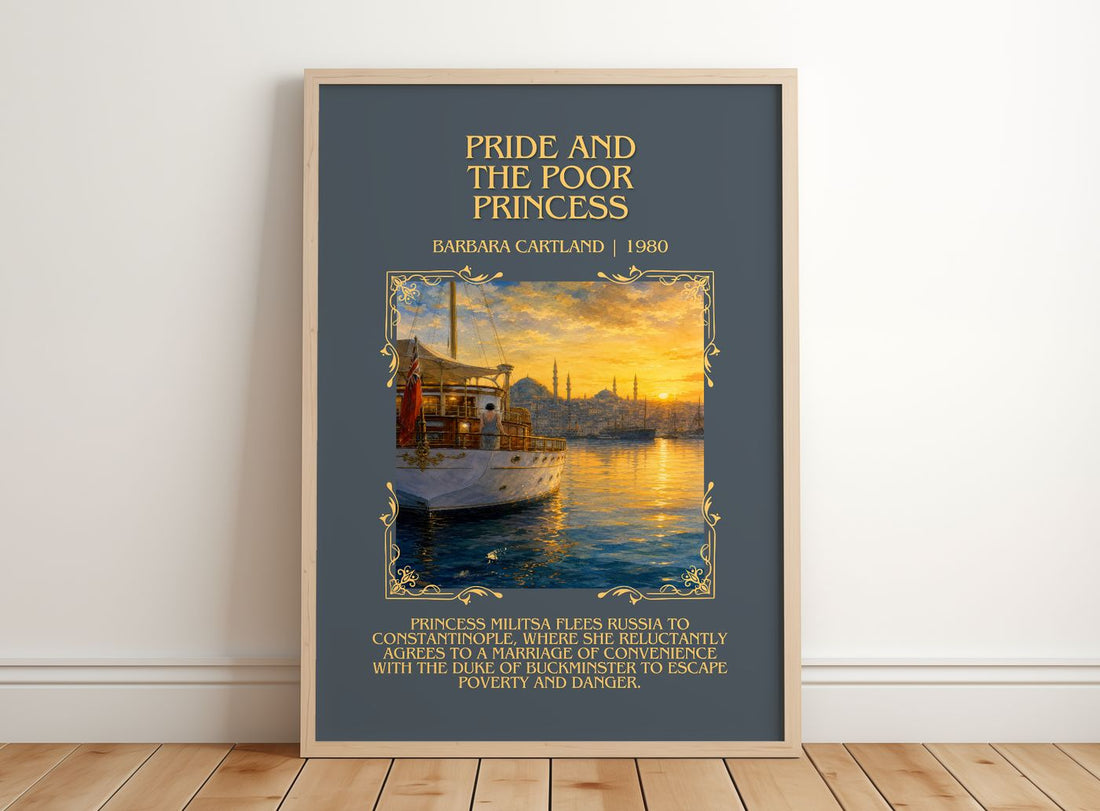 Pride And The Poor Princess Minimalist Book Poster by Barbara Cartland – framed print leaning on a wooden floor