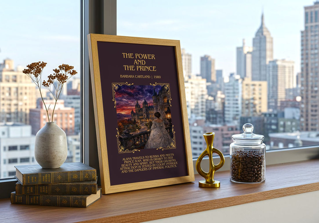 The Power And The Prince Minimalist Book Poster by Barbara Cartland – framed print on a city-view windowsill