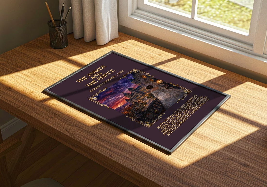 The Power And The Prince Minimalist Book Poster by Barbara Cartland – print on a sunlit desk