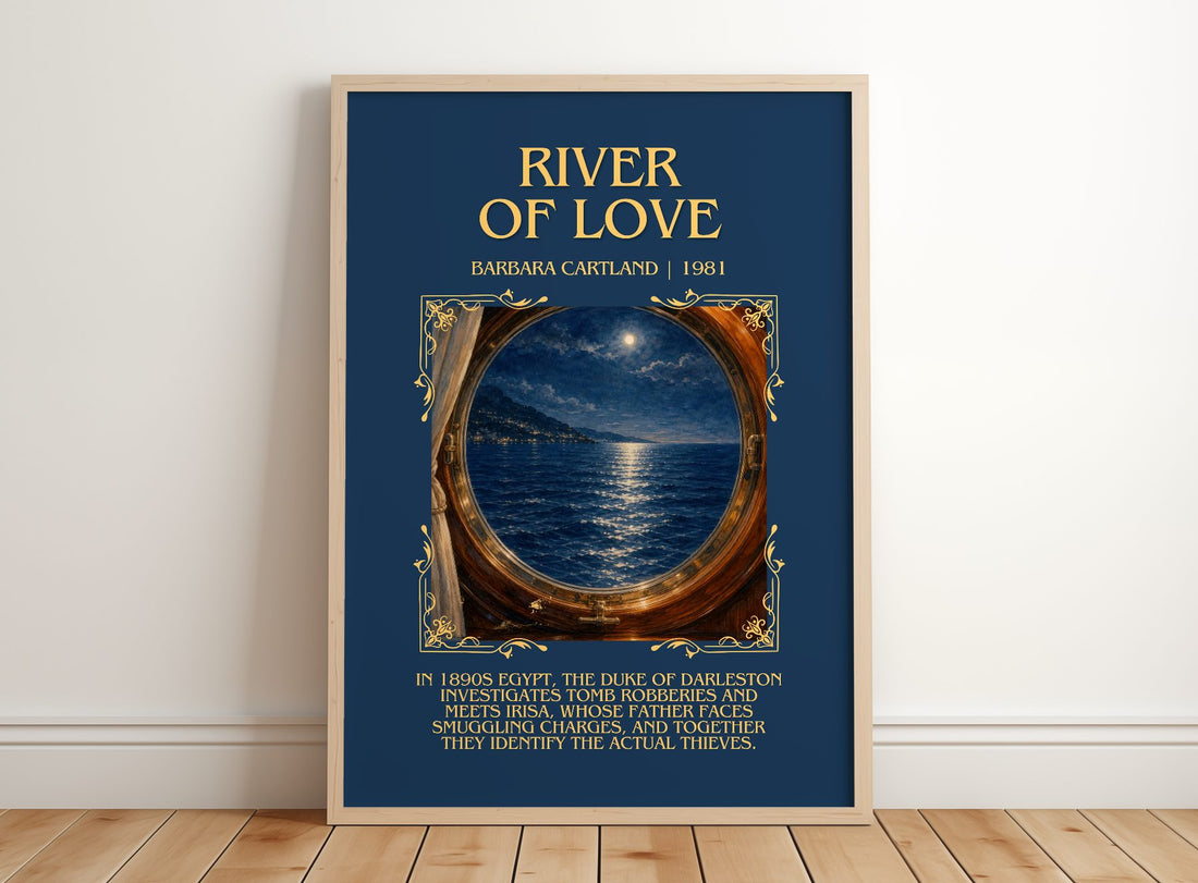 River Of Love Minimalist Book Poster by Barbara Cartland – framed print leaning on a wooden floor