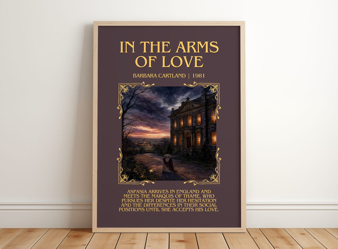 In The Arms Of Love Minimalist Book Poster by Barbara Cartland – framed print leaning on a wooden floor