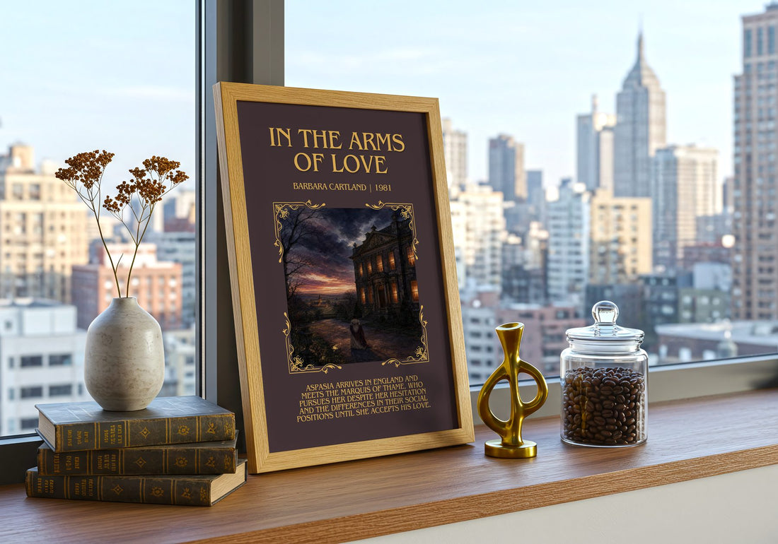 In The Arms Of Love Minimalist Book Poster by Barbara Cartland – framed print on a city-view windowsill