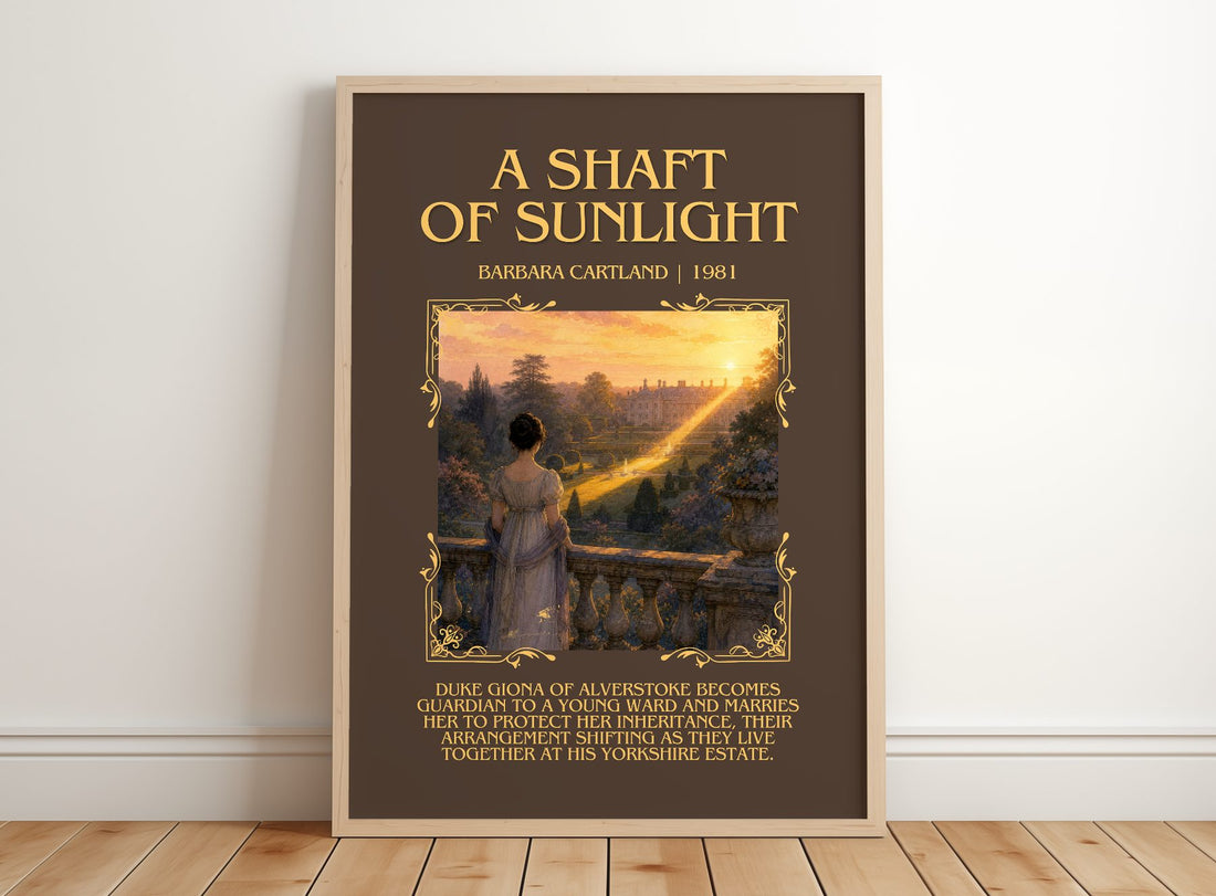 A Shaft Of Sunlight Minimalist Book Poster by Barbara Cartland – framed print leaning on a wooden floor