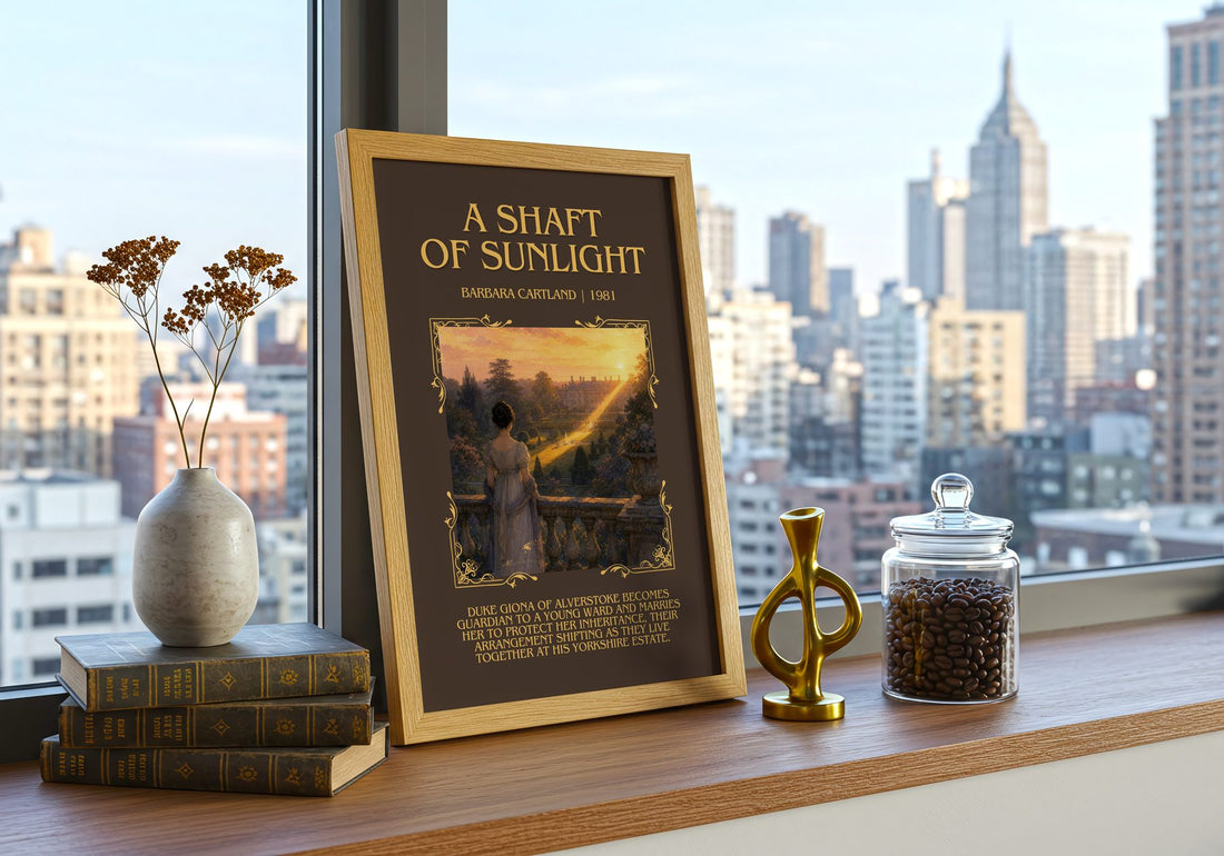A Shaft Of Sunlight Minimalist Book Poster by Barbara Cartland – framed print on a city-view windowsill