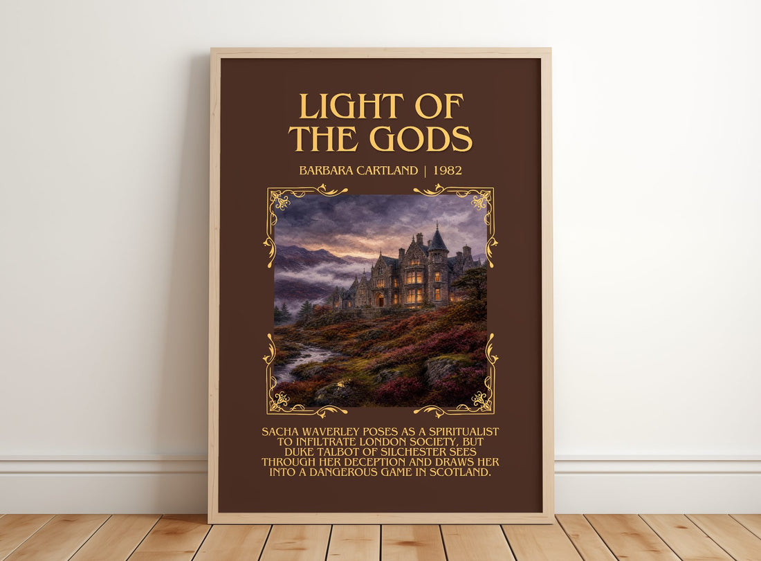 Light Of The Gods Minimalist Book Poster by Barbara Cartland – framed print leaning on a wooden floor