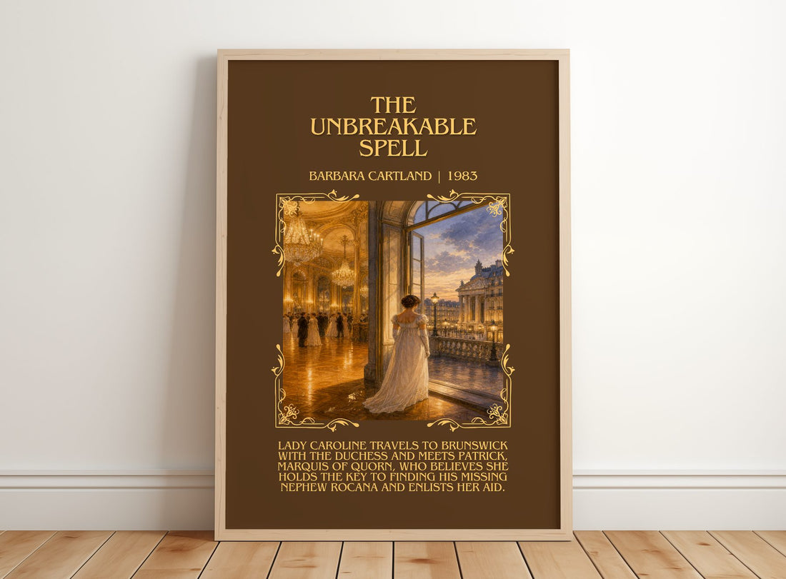 The Unbreakable Spell Minimalist Book Poster by Barbara Cartland – framed print leaning on a wooden floor
