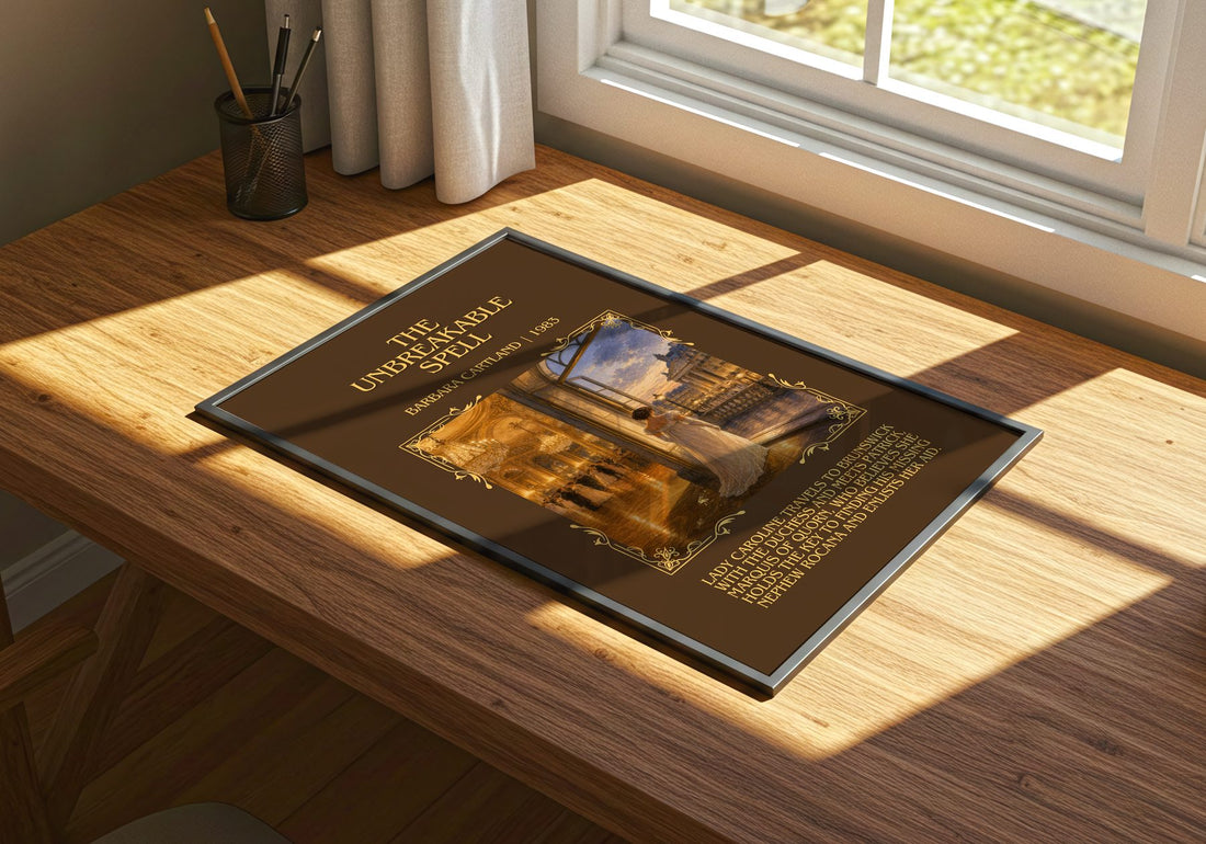 The Unbreakable Spell Minimalist Book Poster by Barbara Cartland – print on a sunlit desk