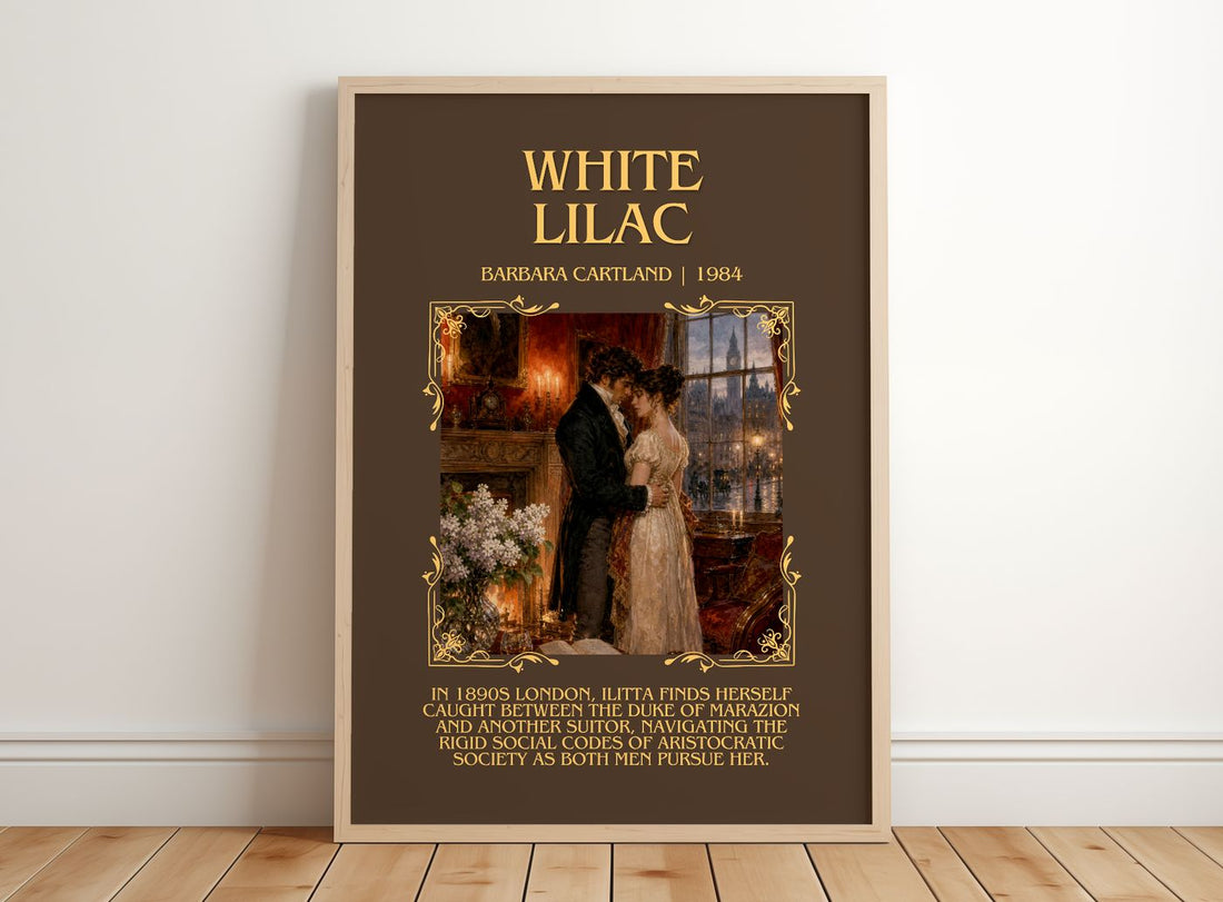 White Lilac Minimalist Book Poster by Barbara Cartland – framed print leaning on a wooden floor