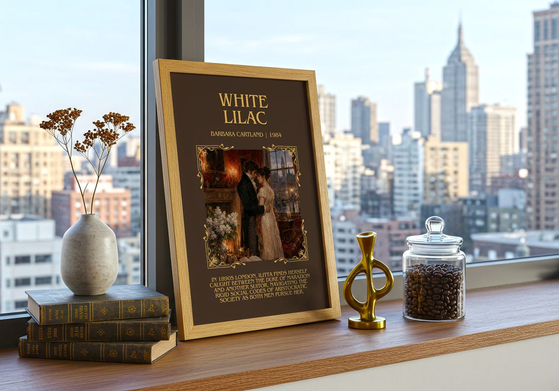 White Lilac Minimalist Book Poster by Barbara Cartland – framed print on a city-view windowsill