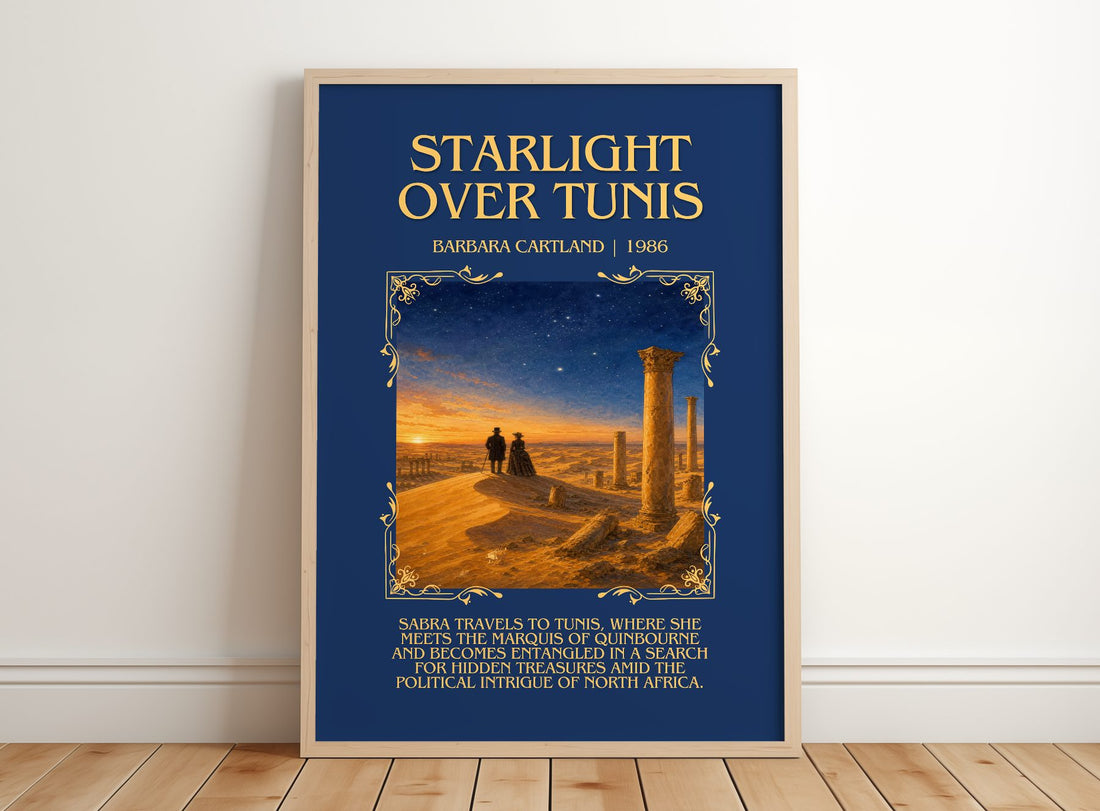 Starlight Over Tunis Minimalist Book Poster by Barbara Cartland – framed print leaning on a wooden floor