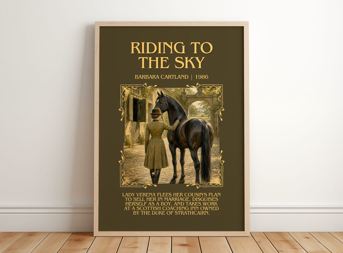 Riding To The Sky Minimalist Book Poster by Barbara Cartland – framed print leaning on a wooden floor