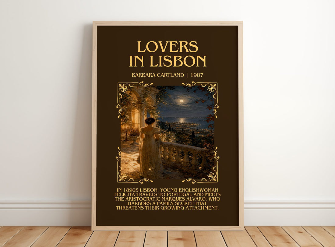 Lovers In Lisbon Minimalist Book Poster by Barbara Cartland – framed print leaning on a wooden floor
