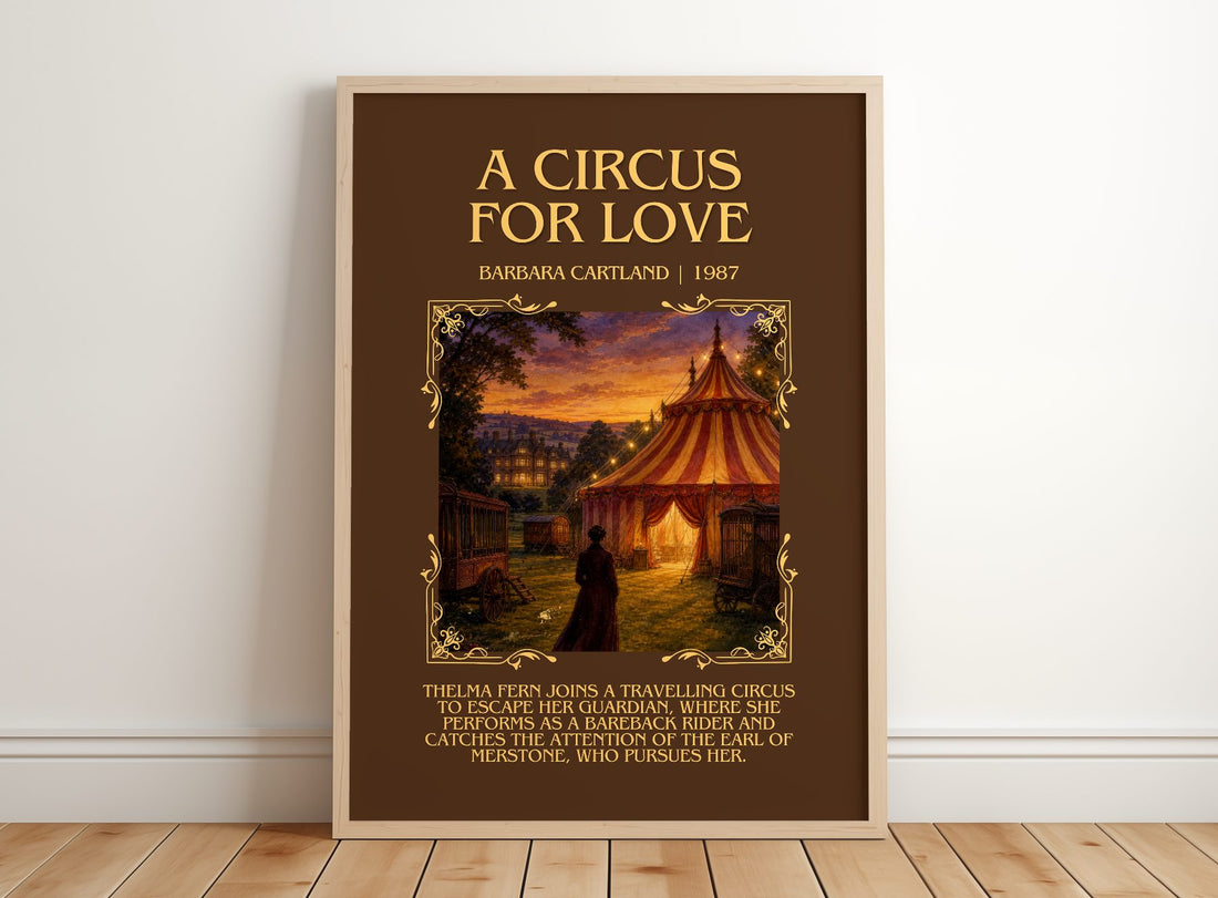 A Circus For Love Minimalist Book Poster by Barbara Cartland – framed print leaning on a wooden floor