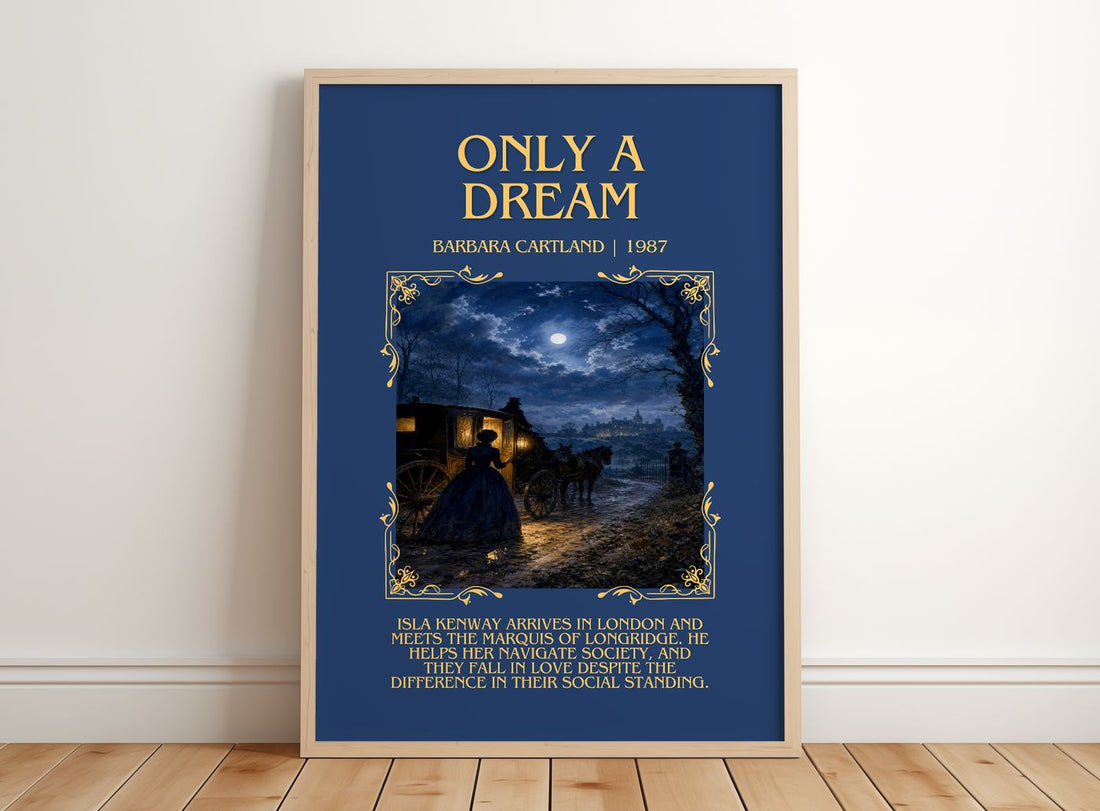 Only A Dream Minimalist Book Poster by Barbara Cartland – framed print leaning on a wooden floor