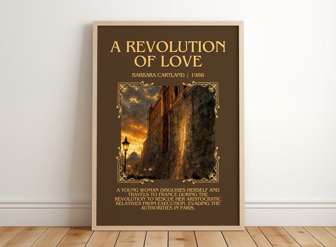 A Revolution Of Love Minimalist Book Poster by Barbara Cartland – framed print leaning on a wooden floor