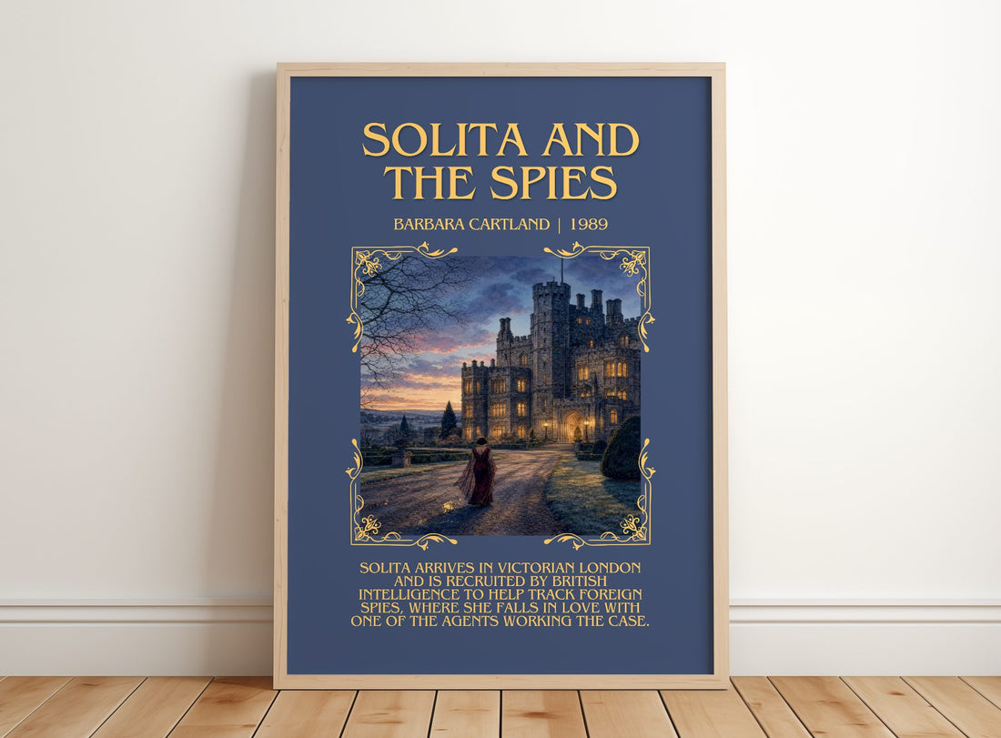 Solita And The Spies Minimalist Book Poster by Barbara Cartland – framed print leaning on a wooden floor