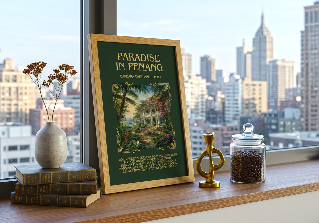Paradise In Penang Minimalist Book Poster by Barbara Cartland – framed print on a city-view windowsill