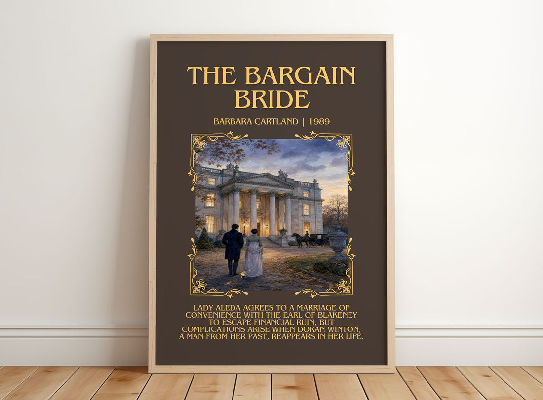 The Bargain Bride Minimalist Book Poster by Barbara Cartland – framed print leaning on a wooden floor