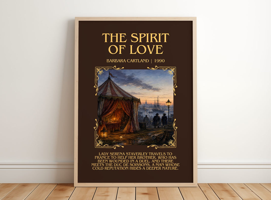The Spirit Of Love Minimalist Book Poster by Barbara Cartland – framed print leaning on a wooden floor