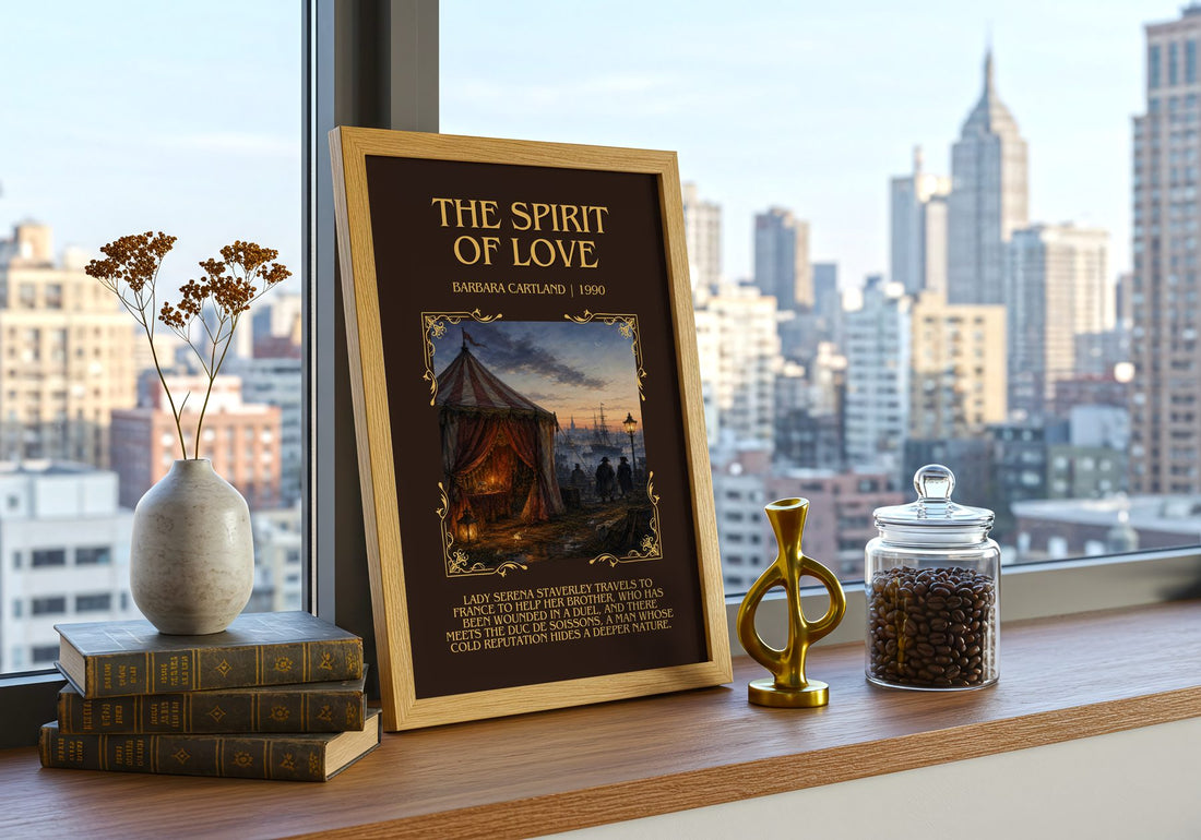 The Spirit Of Love Minimalist Book Poster by Barbara Cartland – framed print on a city-view windowsill