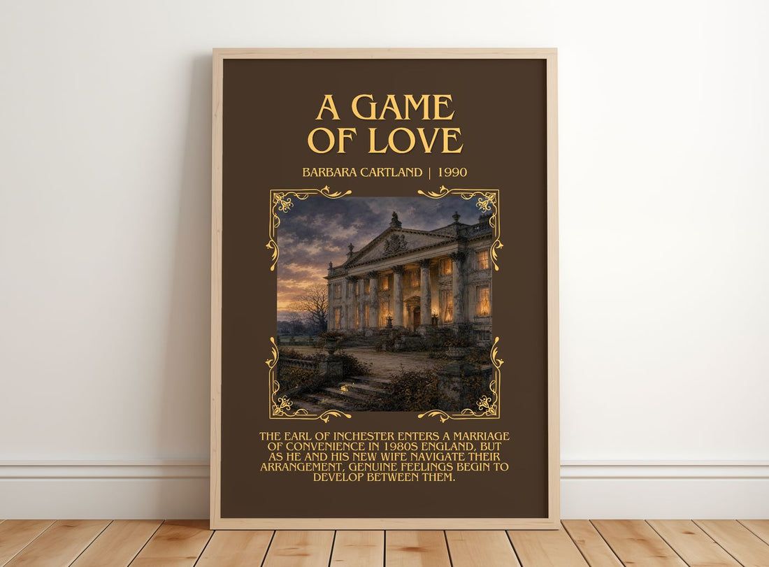 A Game Of Love Minimalist Book Poster by Barbara Cartland – framed print leaning on a wooden floor