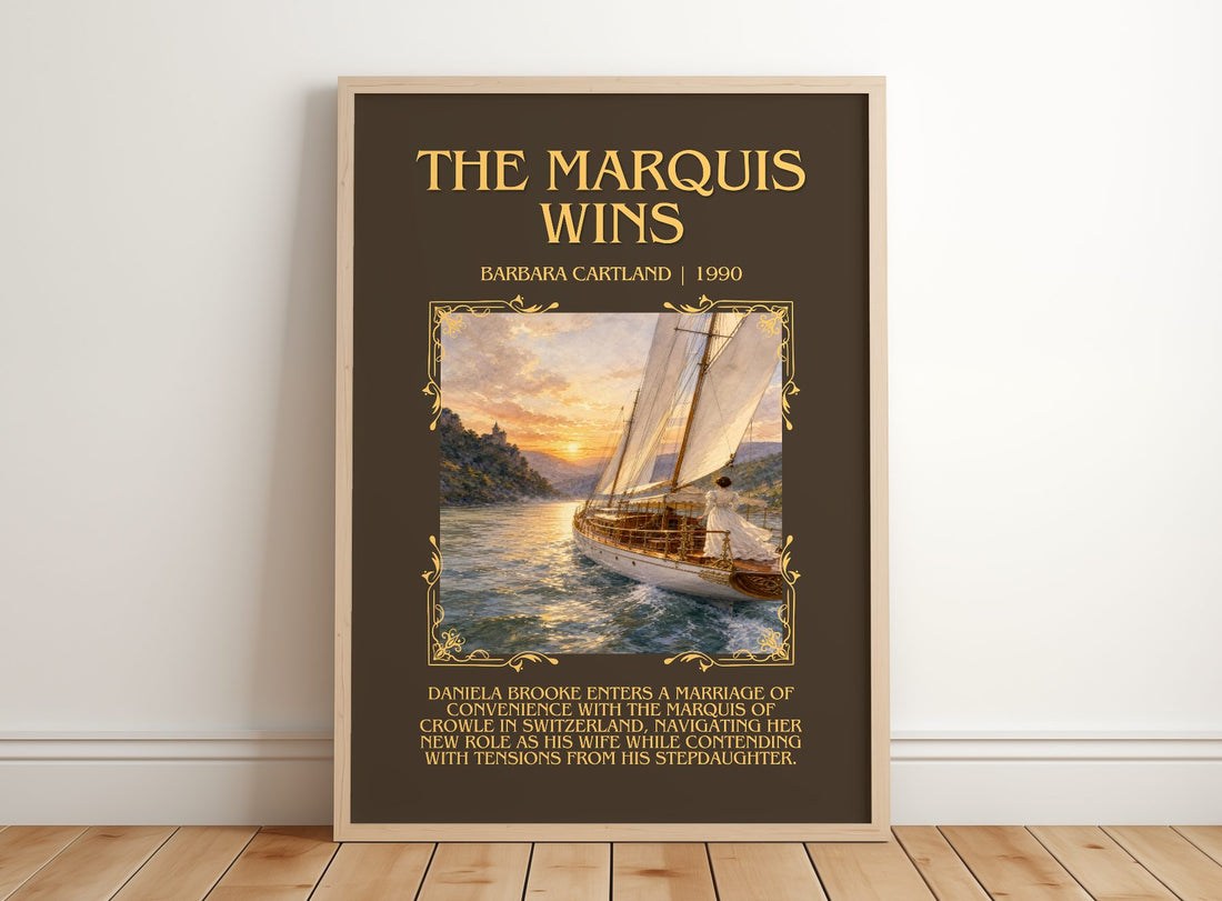 The Marquis Wins Minimalist Book Poster by Barbara Cartland – framed print leaning on a wooden floor