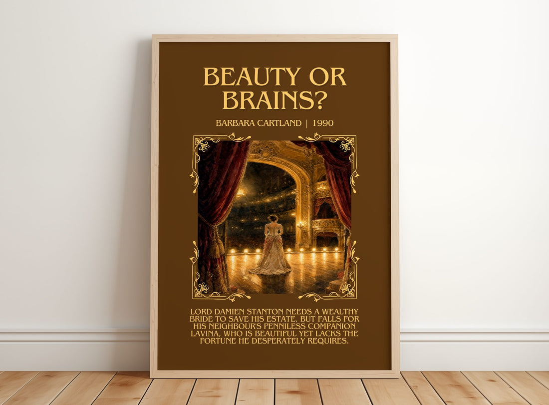 Beauty Or Brains? Minimalist Book Poster by Barbara Cartland – framed print leaning on a wooden floor