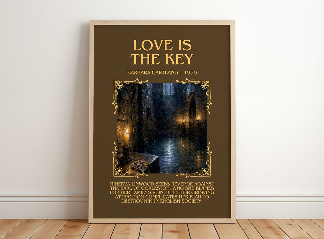 Love Is The Key Minimalist Book Poster by Barbara Cartland – framed print leaning on a wooden floor