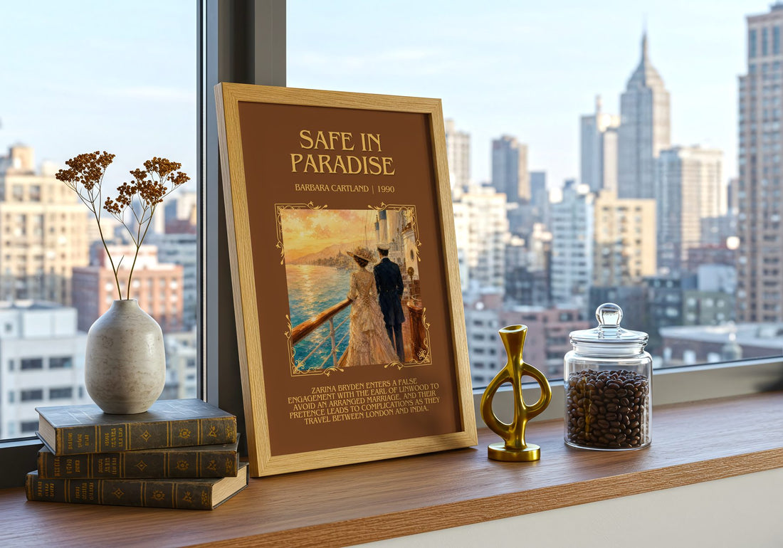 Safe In Paradise Minimalist Book Poster by Barbara Cartland – framed print on a city-view windowsill