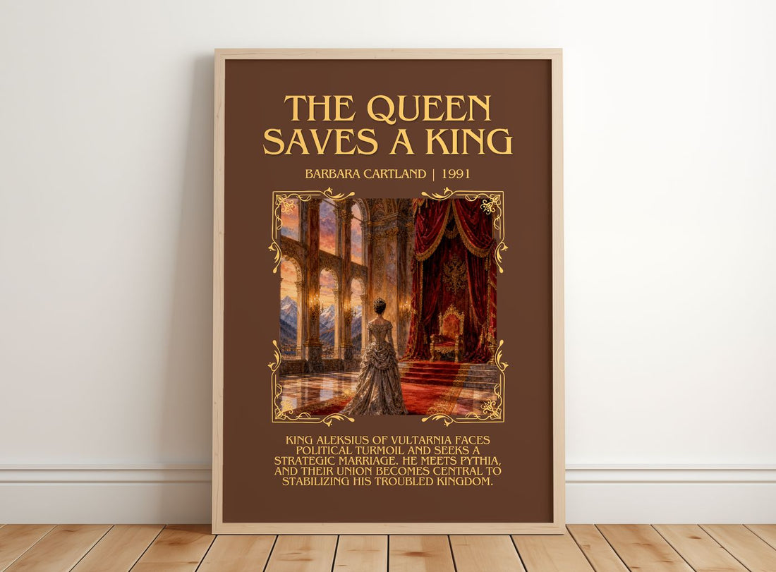 The Queen Saves A King Minimalist Book Poster by Barbara Cartland – framed print leaning on a wooden floor