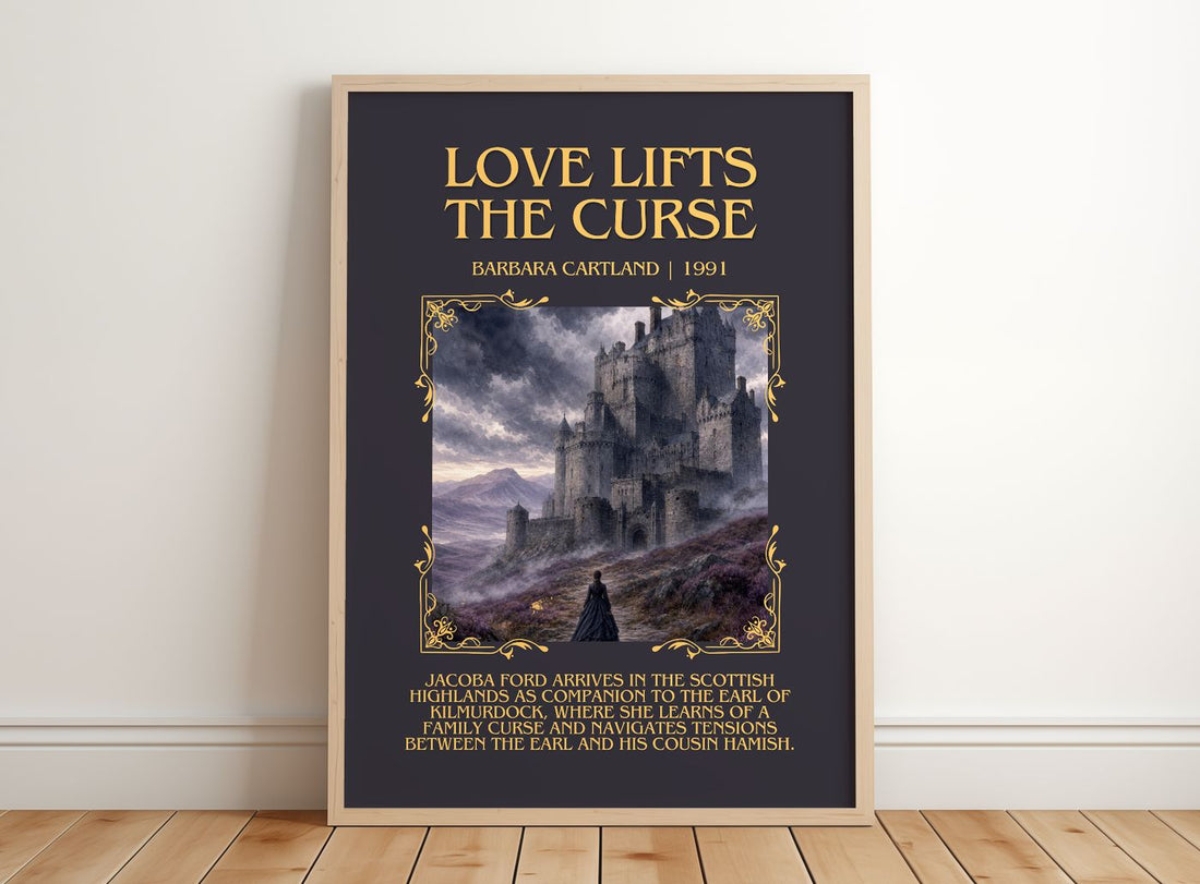 Love Lifts The Curse Minimalist Book Poster by Barbara Cartland – framed print leaning on a wooden floor