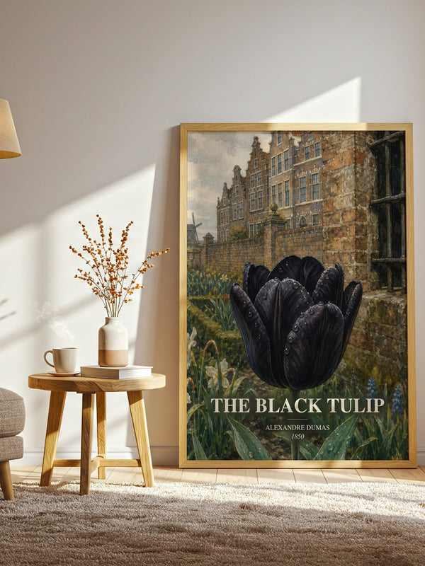 The Black Tulip watercolour print in frame leaning in hallway – historical fiction wall art