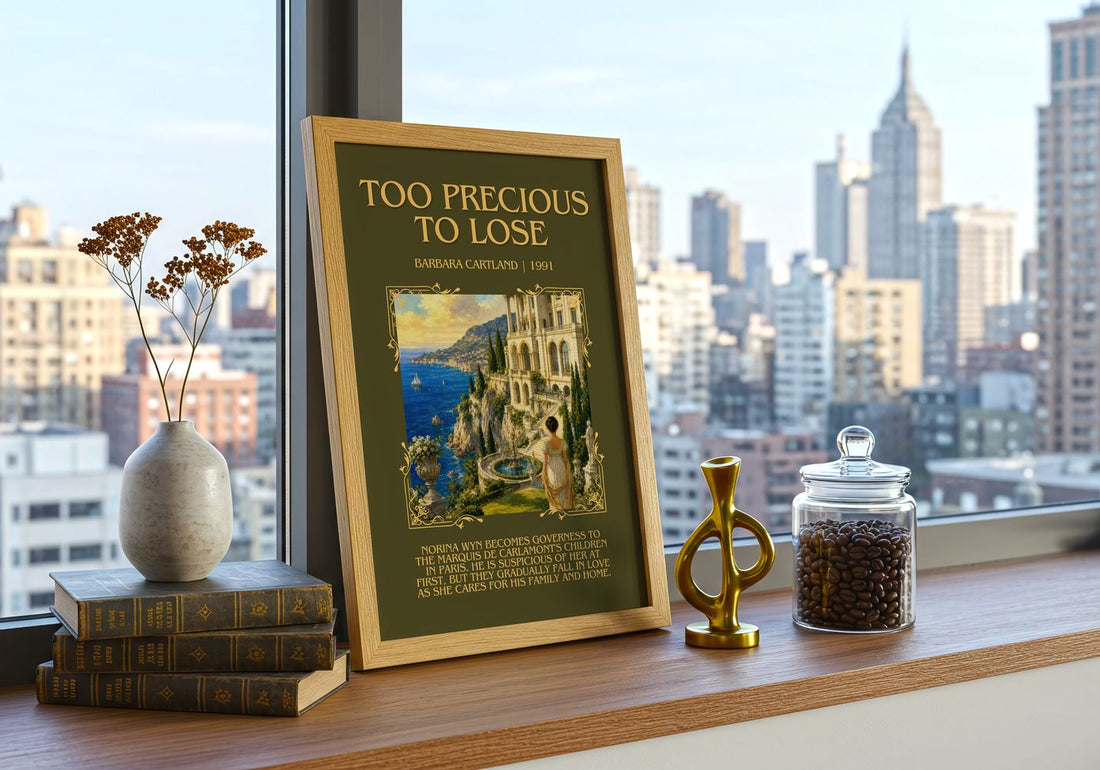 Too Precious To Lose Minimalist Book Poster by Barbara Cartland – framed print on a city-view windowsill