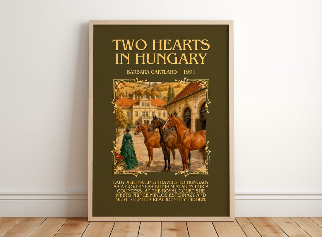 Two Hearts In Hungary Minimalist Book Poster by Barbara Cartland – framed print leaning on a wooden floor