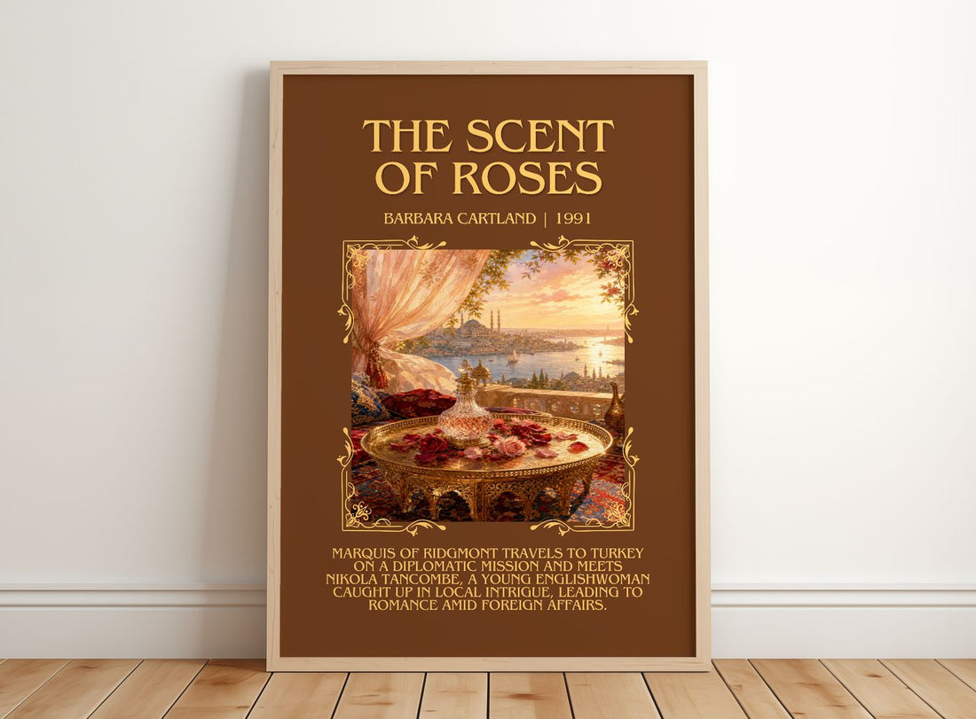 The Scent Of Roses Minimalist Book Poster by Barbara Cartland – framed print leaning on a wooden floor