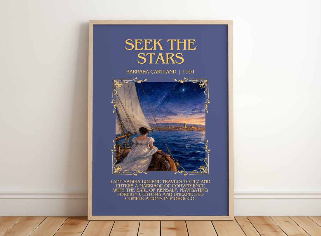 Seek The Stars Minimalist Book Poster by Barbara Cartland – framed print leaning on a wooden floor