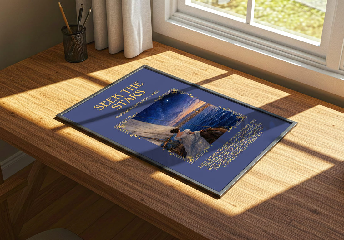 Seek The Stars Minimalist Book Poster by Barbara Cartland – print on a sunlit desk