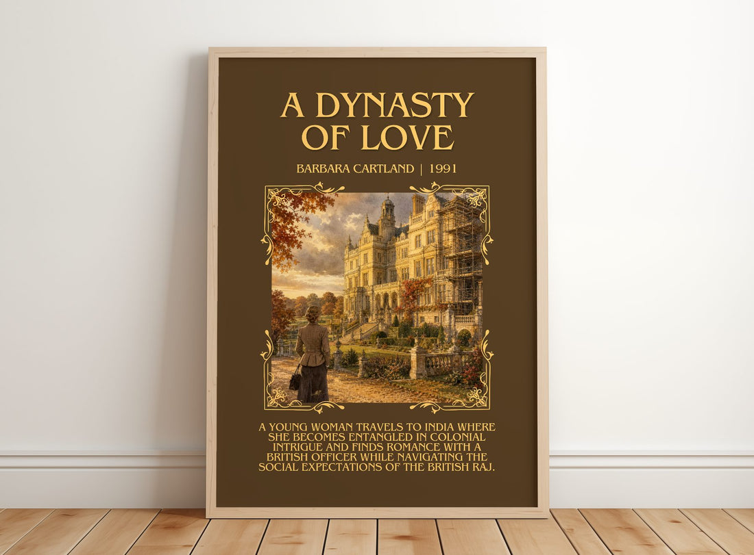 A Dynasty Of Love Minimalist Book Poster by Barbara Cartland – framed print leaning on a wooden floor