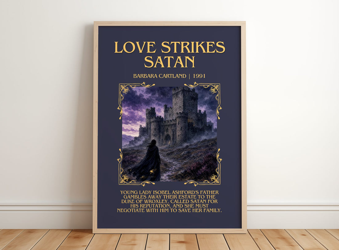 Love Strikes Satan Minimalist Book Poster by Barbara Cartland – framed print leaning on a wooden floor