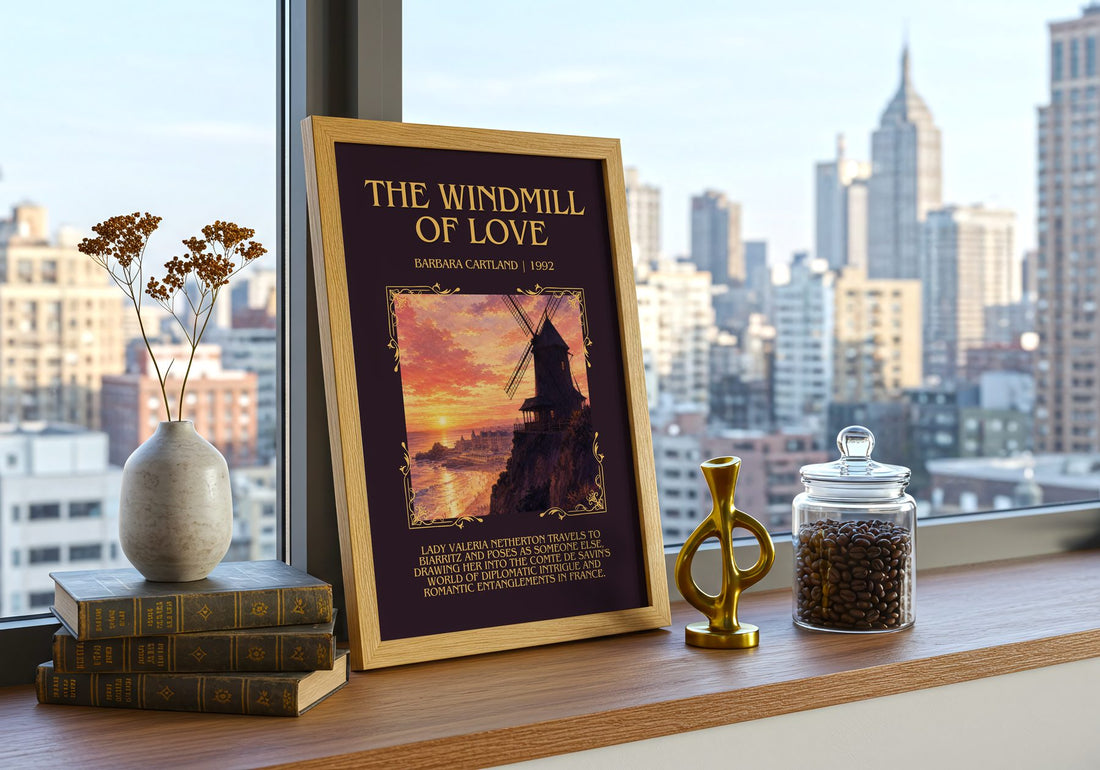 The Windmill Of Love Minimalist Book Poster by Barbara Cartland – framed print on a city-view windowsill