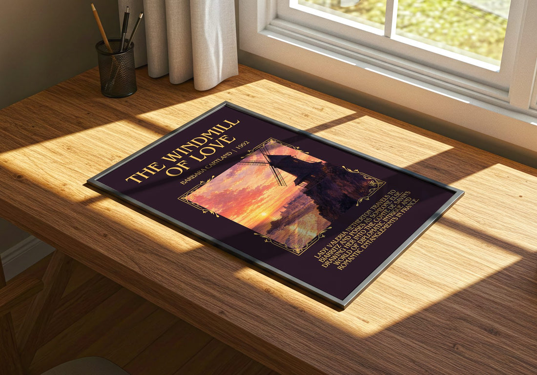 The Windmill Of Love Minimalist Book Poster by Barbara Cartland – print on a sunlit desk