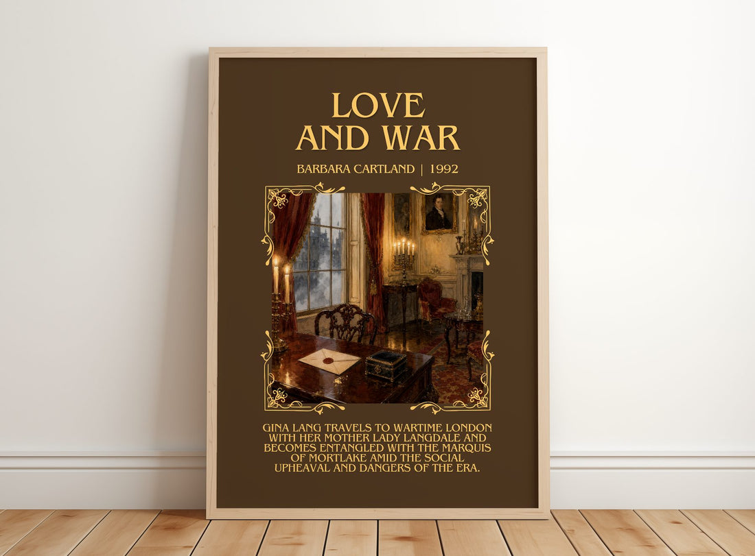 Love And War Minimalist Book Poster by Barbara Cartland – framed print leaning on a wooden floor