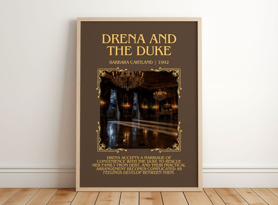 Drena And The Duke Minimalist Book Poster by Barbara Cartland – framed print leaning on a wooden floor