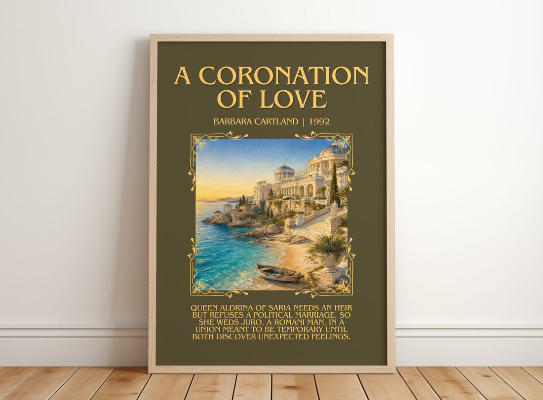 A Coronation Of Love Minimalist Book Poster by Barbara Cartland – framed print leaning on a wooden floor