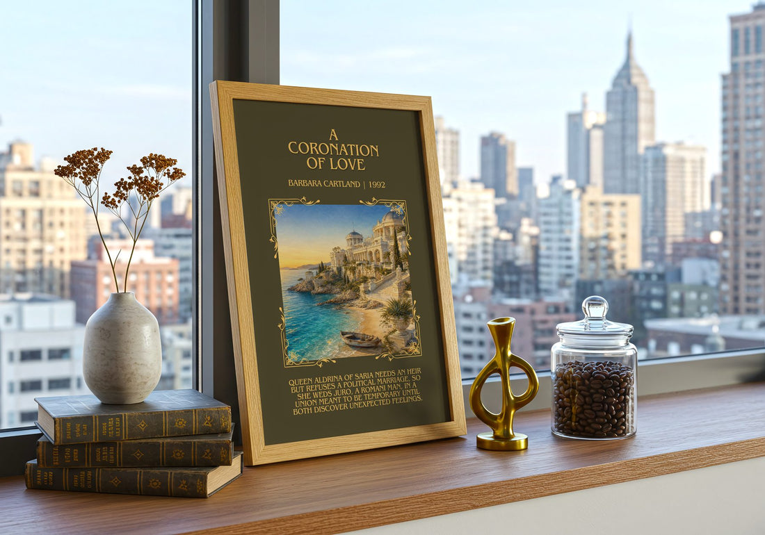 A Coronation Of Love Minimalist Book Poster by Barbara Cartland – framed print on a city-view windowsill