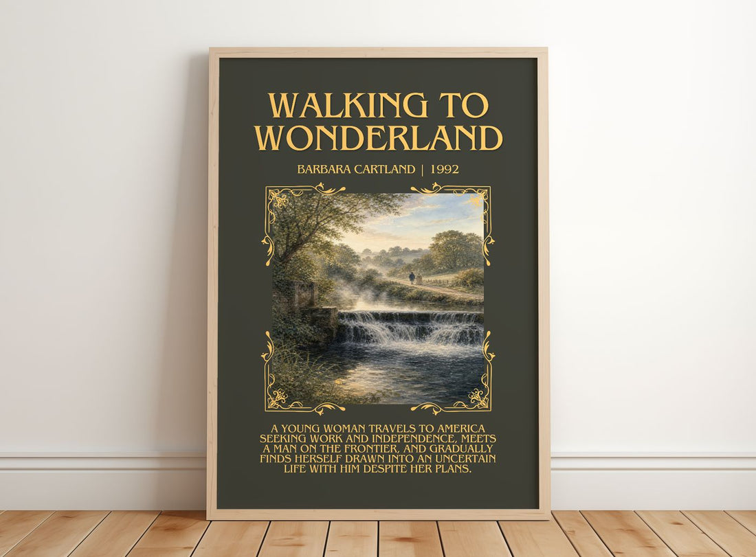 Walking To Wonderland Minimalist Book Poster by Barbara Cartland – framed print leaning on a wooden floor
